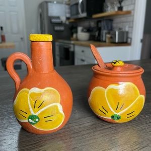 Unique Vintage Handmade Floral Clay Mexican small containers dishes bowls lids